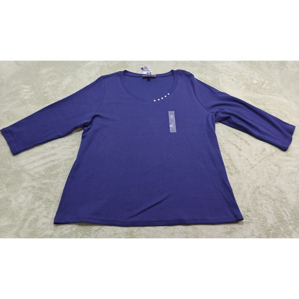 Karen Scott 2X Top Womens Navy Blue 3/4 Sleeve Cotton Embellished Neckline NWT